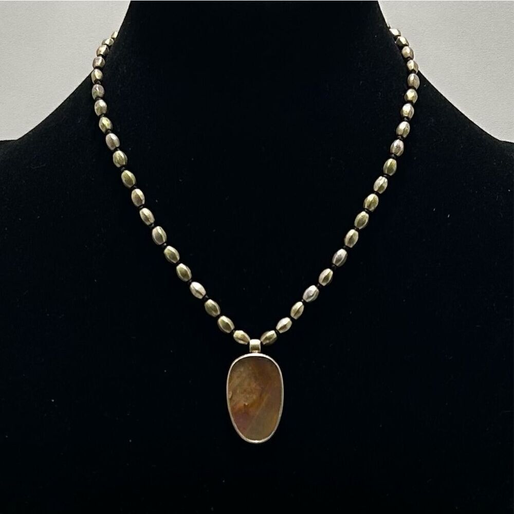 Kenneth Cole MOP Pendant Necklace 15" Satin Gold Tone Hand Knotted Adjustable
